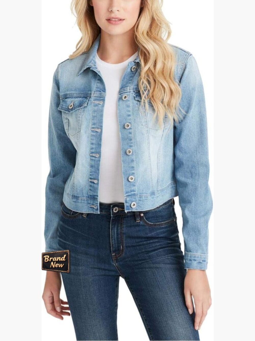 Feminine Crop Denim Jacket, Button Front, Long Sleeve, Classic Fit